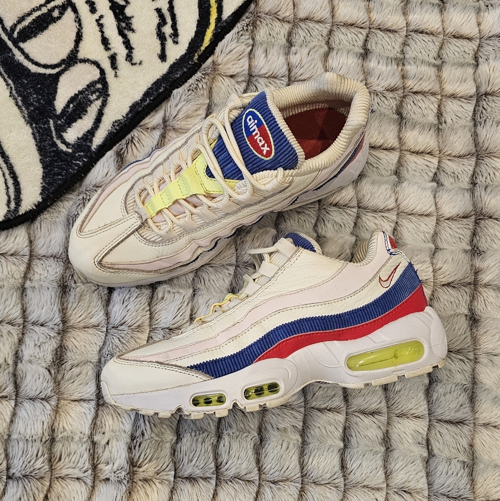 Nike Air Max 95, white leather with neon, red, pink,and blue stripes. Womens 8.5
